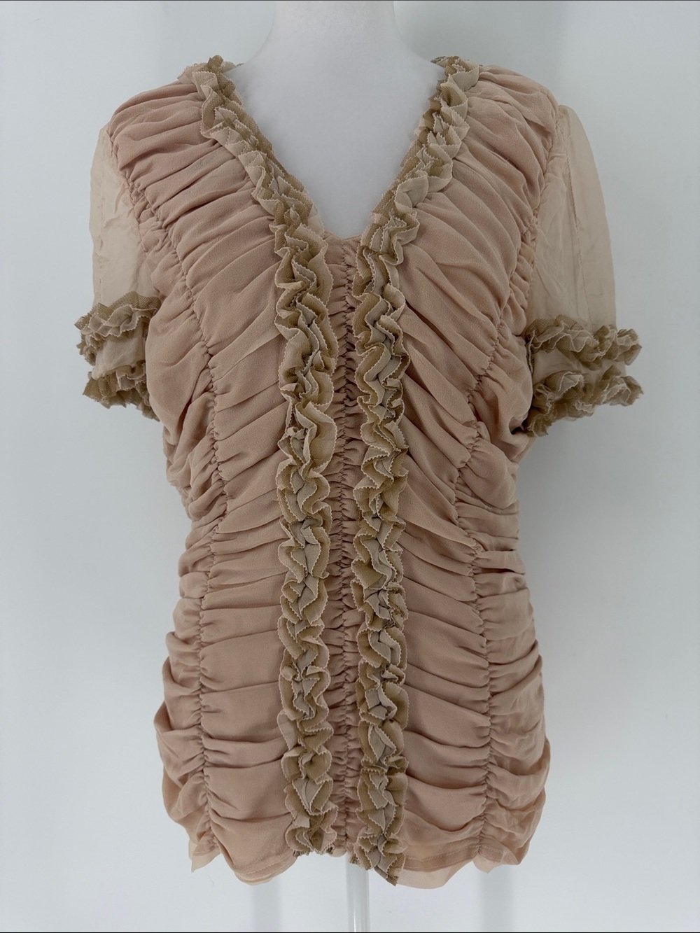 Sundance 100% Silk Ruched Ruffle Blouse Medium Romantic Boho